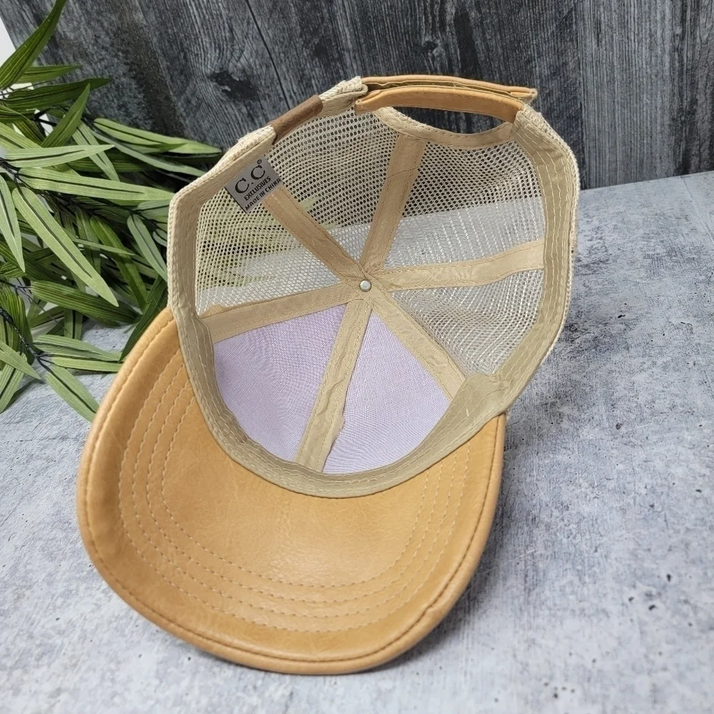C&C | Tan Faux Leather Mesh Back Adjustable Trucker Cap Hat Neutral Casual